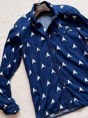 Scotch & Soda Pure Indigo Gauzy Soft Cotton Button-Up Shirt L Arrows Navy Blue